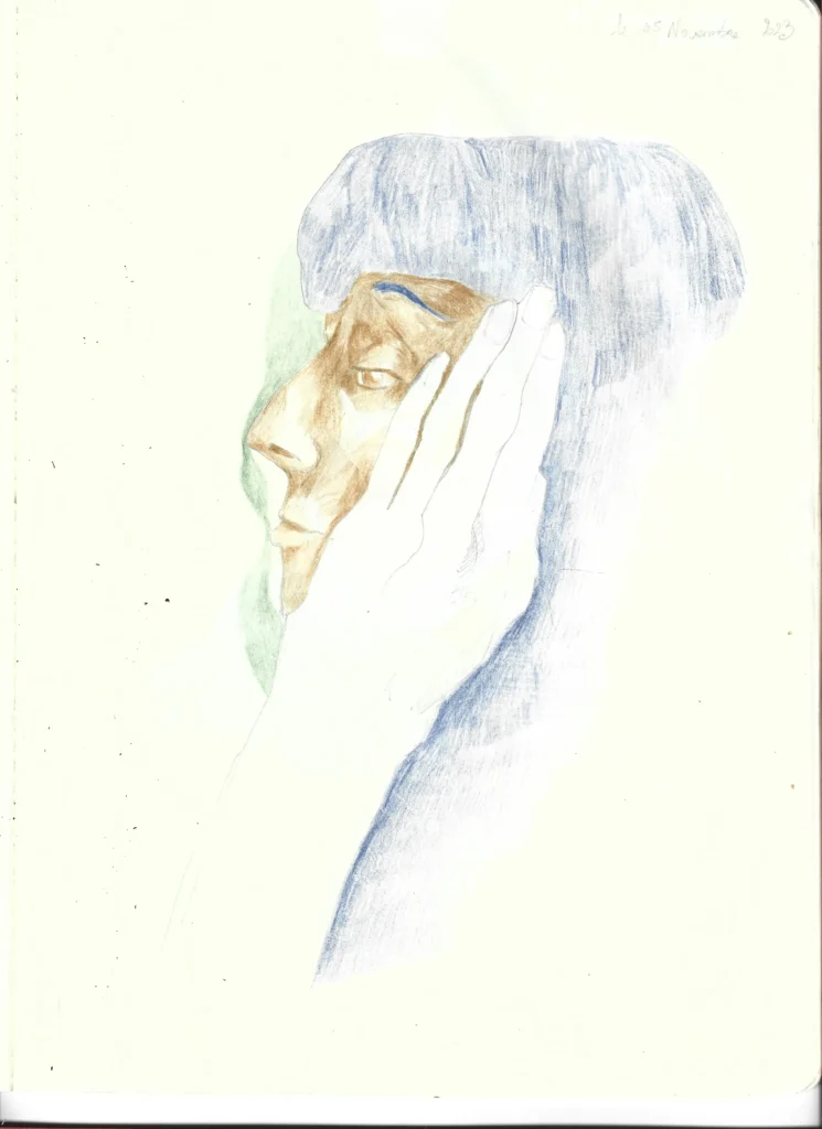 Just a dream for making reality crayon de couleur 2024 (3), dessin, surréaliste, loneliness 2021 a5 (1), dessin, masque, camillepaulettejannette.com