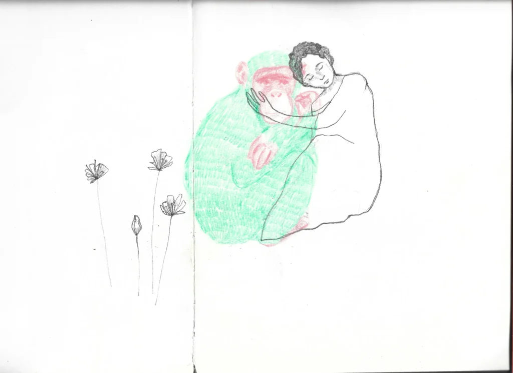 Les hommes sont des singes a3 2020 crayon de couleur, dessin, portraits croquis, loneliness 2021 a5 (1), dessin, masque, camillepaulettejannette.com