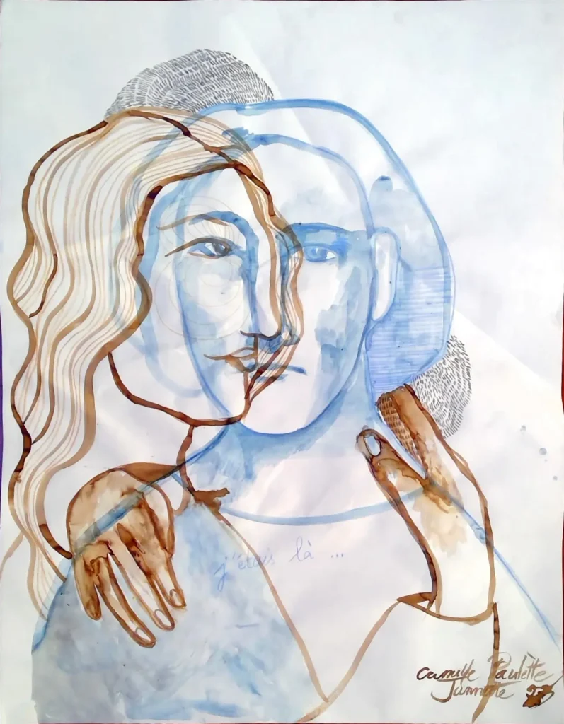 Rencontre 120 x 100 cm broux de noix, encre lavis bleu et crayon graphite 2023, peinture, loneliness 2021 a5 (1), dessin, masque, camillepaulettejannette.com