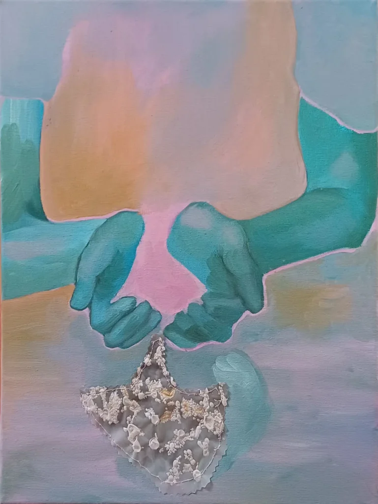 Giving of loosing 40 x 25 cm huile sur toile et calque 2024, peinture, loneliness 2021 a5 (1), dessin, masque, camillepaulettejannette.com