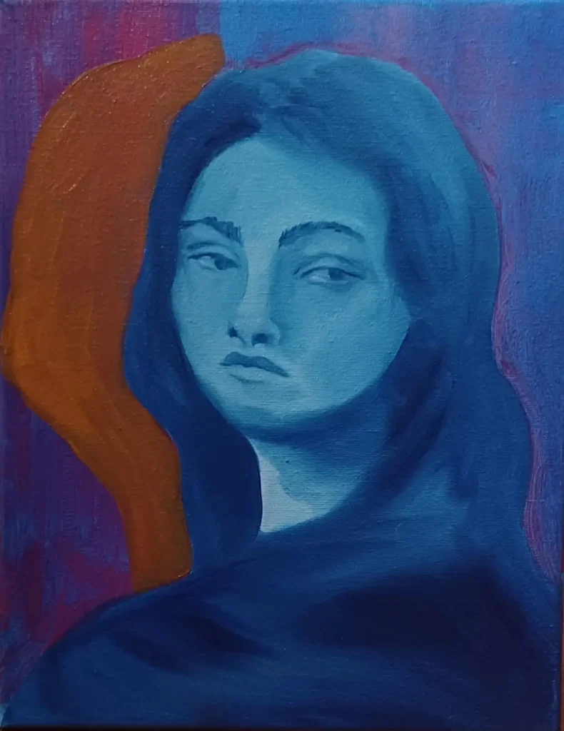 Portrait bleu 25 x 15 cm huile sur toile 2024, peinture, loneliness 2021 a5 (1), dessin, masque, camillepaulettejannette.com