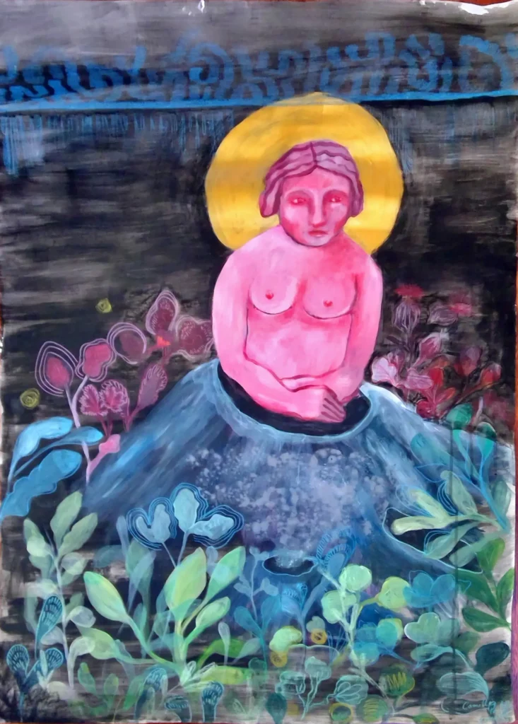 Re born120 x 100 cm acrylique, pastel et encre de chine 2024, peinture, loneliness 2021 a5 (1), dessin, masque, camillepaulettejannette.com
