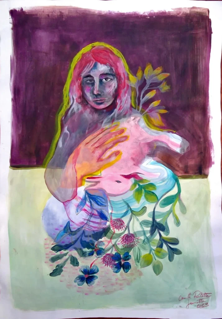 Spring is passing 120 x 100 cm acrylique, pastel, crzyon de couleur et lavis 2023, peinture, loneliness 2021 a5 (1), dessin, masque, camillepaulettejannette.com