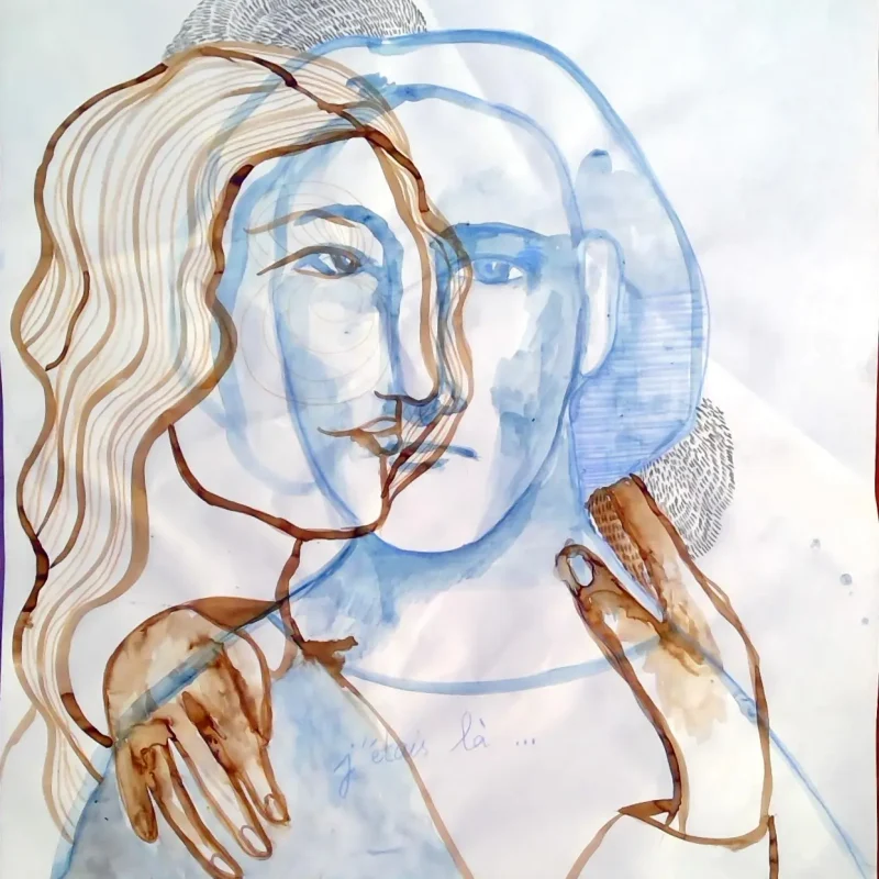 Rencontre 120 x 100 cm broux de noix, encre lavis bleu et crayon graphite 2023, peinture, loneliness 2021 a5 (1), dessin, masque, camillepaulettejannette.com